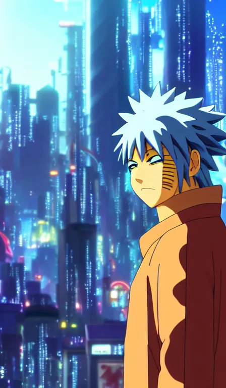 Prompt: anime fine details portrait of joyful Naruto in front of cyberpunk moder city landscape on the background deep bokeh, close-up view, anime masterpiece by Studio Ghibli. 8k, sharp high quality anime, artstation