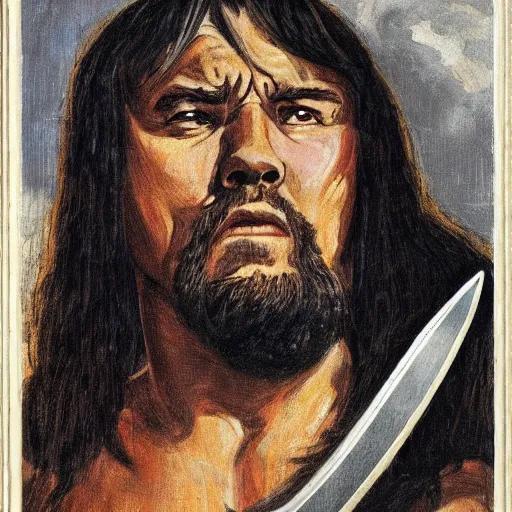 Prompt: portrait of conan the barbarian with his sword
