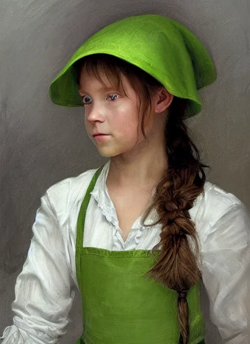 Prompt: a portrait of tiffany aching, an eleven year old girl with brown hair in a ponytail. she is wearing a simple light green dress with an apron and a black pointed witch hat. beautiful painting with highly detailed face by greg rutkowski and magali villanueve