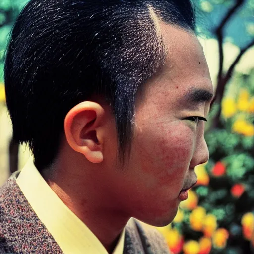 Prompt: A portrait of an A Japanese man with a black power hairstyle, photo made by Slim Aarons, award winning, closeup