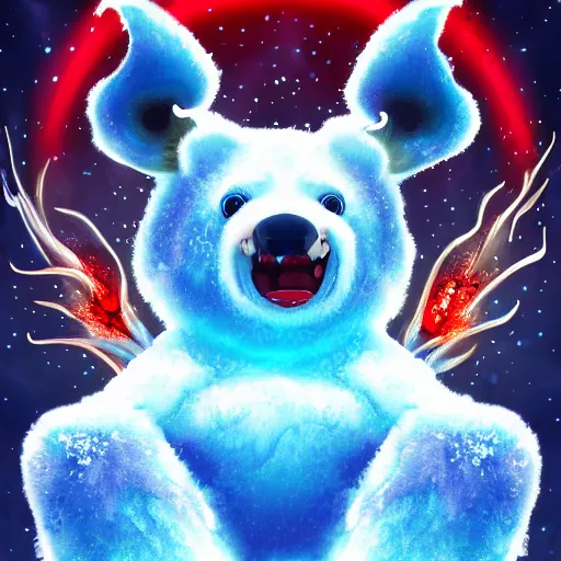 Image similar to epic frost bear, flaming horns, bright red eyes, insanity, long shot angle, despair, highly detailed digital art