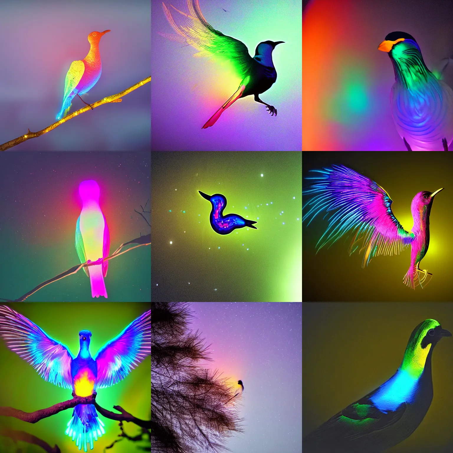 Prompt: Iridescent glowing bird, nature photography at night