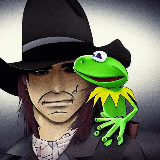 Prompt: kermit the frog as a cowboy, anime, trending on art station, studio trigger