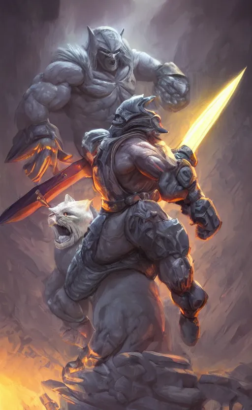 Image similar to Full body centered uncut character pose of mysterious-eerie-ominous He-Man, He-Man is holding the Power Sword in his right hand and the Grey Skull in his left hand, He-Man rides the Battle Cat, dark grey shadowy smokey background, direct natural lighting, cinematic, Epic, ultra-detailed, sharp focus, colored illustration, artwork by Jordan Grimmer and Greg Rutkowski and Alphonse Mucha