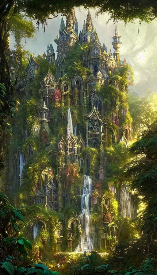 Image similar to fairy palace, castle towers, sunbeams, gothic towers, Japanese shrine waterfall, gold and gems, gnarly details, lush vegetation, forest landscape, painted by tom bagshaw, raphael lacoste, eddie mendoza, alex ross concept art matte painting