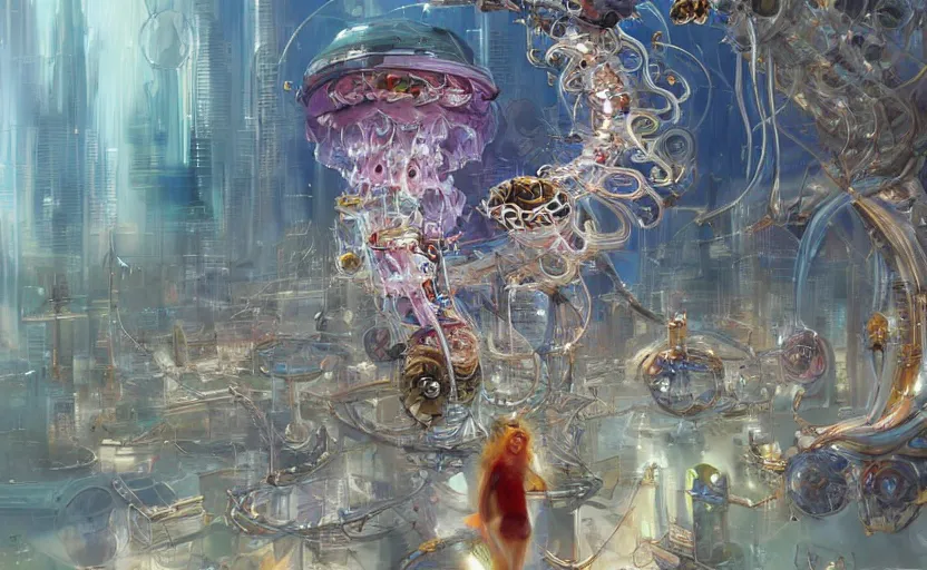 Image similar to Cyborg biomechanical jellyfish city. By Konstantin Razumov, highly detailded