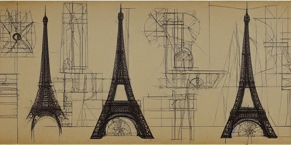 Image similar to architectural schematics of Eiffel Tower, drawn by Leonardo da vinci, in the style of Bauhaus