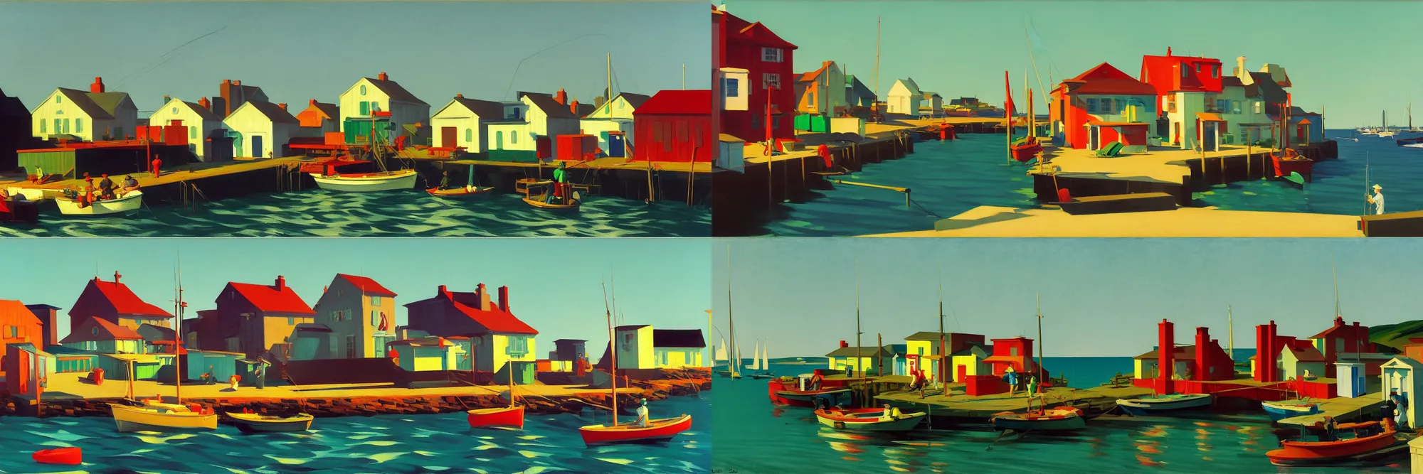 Prompt: a small fishing village by the portside, painting by Syd Mead, Edward Hopper and William Eggleston and Peter Chan, in the style of day of the tentacle