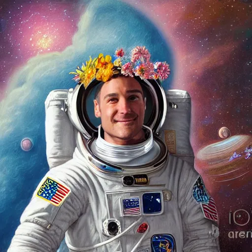 Prompt: realistic detailed view astronaut in space with flower crown by terance james bond, russell chatham, greg olsen, thomas cole, james e reynolds, photorealistic, fairytale, art nouveau, illustration, concept design, storybook layout, story board format