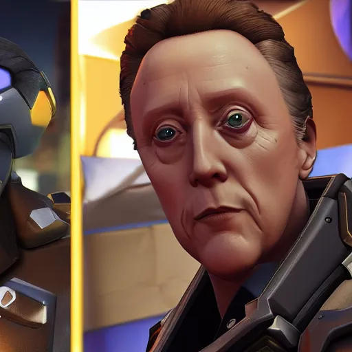 Image similar to Christopher Walken as a character in the game Overwatch, with a background based on the game Overwatch