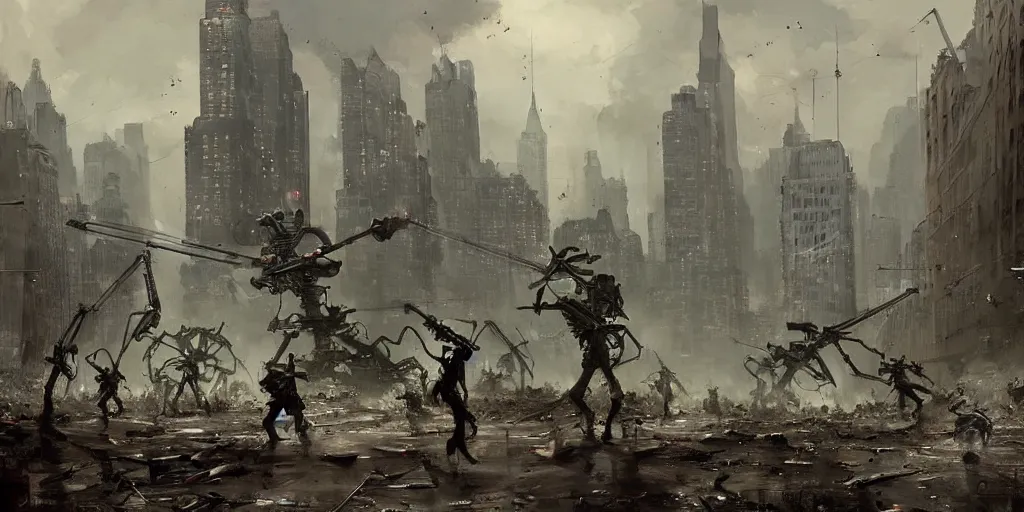 Image similar to war of the worlds, martian tripods attack new york, human soldiers try to counter - attack, intense fighting, digital painting, very detailed, art by jakub rozalski