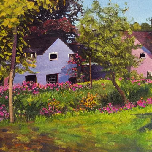 Prompt: a realistic painting of symply durhams cottages, catskills, us.