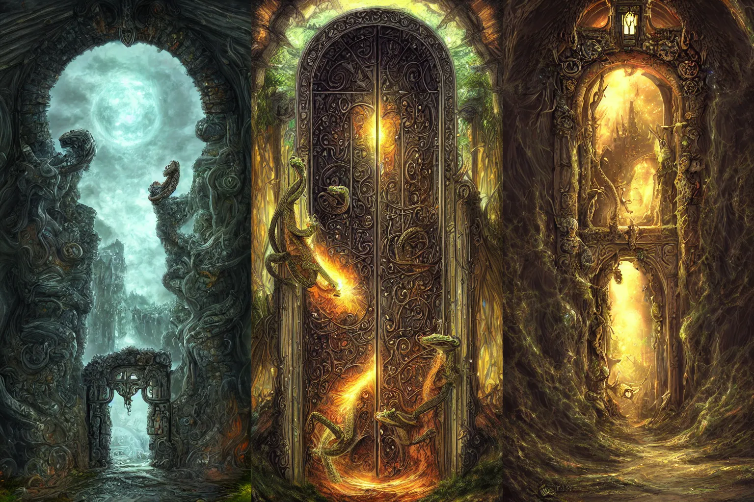 Prompt: The gate to the eternal kingdom of geckos, fantasy, digital art, HD, detailed.