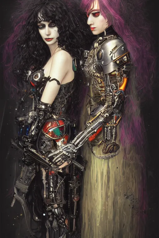 Image similar to portrait of two beautiful young gothic cyborg maidens, cyberpunk, Warhammer, kiss, highly detailed, artstation, illustration, art by Gustav Klimt