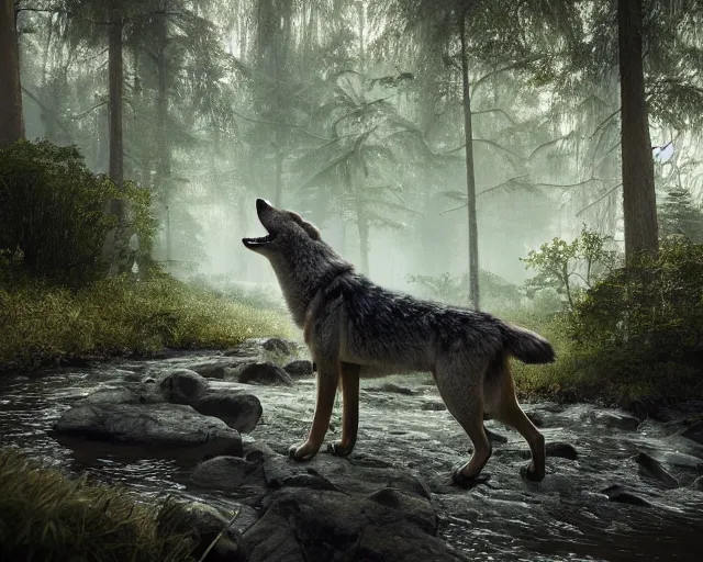 Image similar to a wolf standing on a riverbank in a forest, natural lighting, ultra realistic, concept art, intricate details, highly detailed, photorealistic, octane render, 8 k, unreal engine