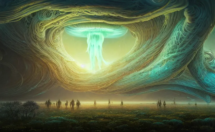 Prompt: highly detailed digital matte painting of an intricate gargantuan ancient cosmic jellyfish with thousands of tentacles flying over a field, by peter mohrbacher and emmanuel shiu and dan mumford, dusk, swirling accents, hyperdetailed, alien organic life, flowing tendrils, wide shot, volumetric lighting, cinematic angle, dramatic lighting, octane render, smooth, 8 k