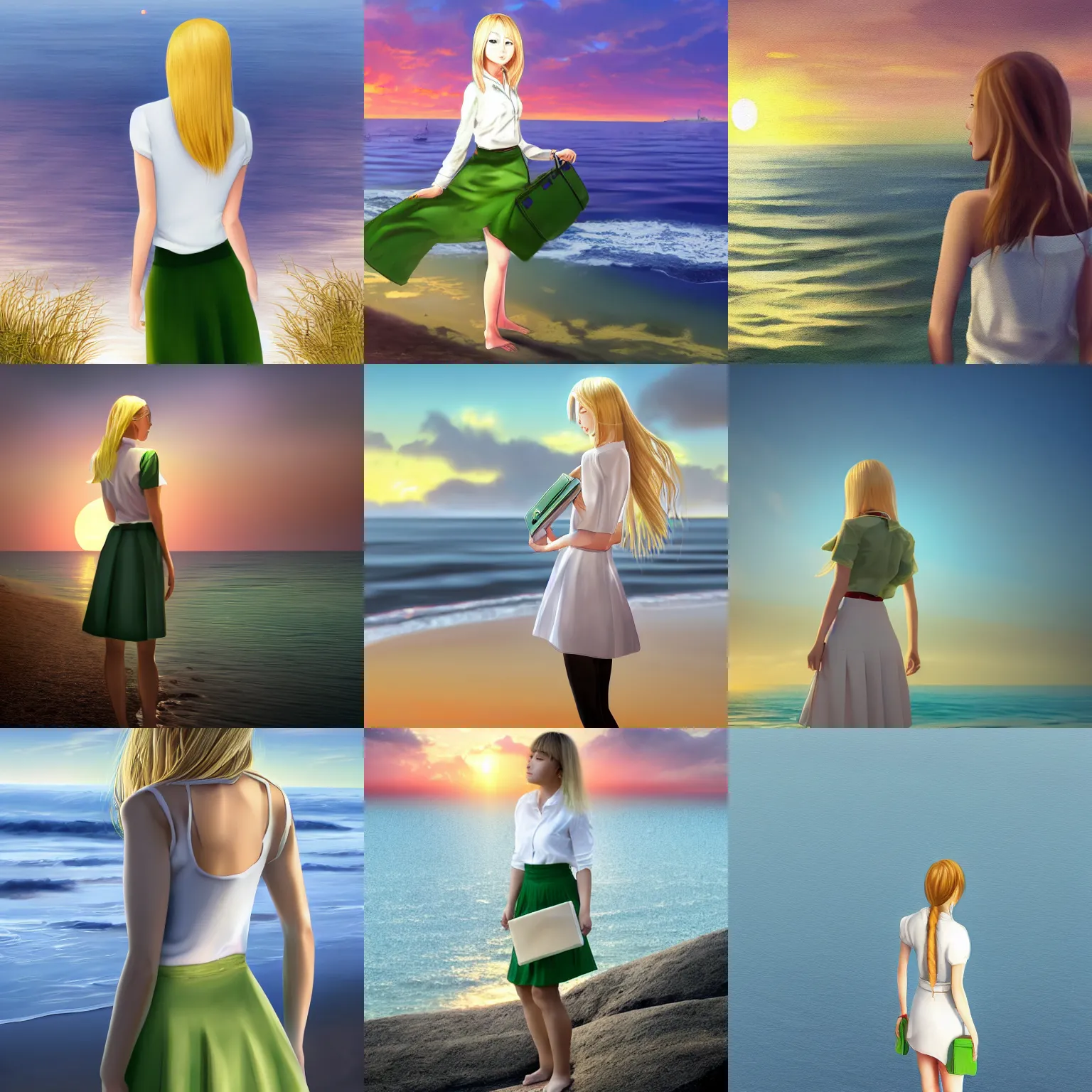 Prompt: high detail digital art of a blonde girl wearing a white shirt and green skirt holding her briefcase and standing at the coast looking into the setting sun over the ocean by 羅 光佑 and Mitsu Art and Miura N315, tranquil, calm, melancholic, trending on artstation