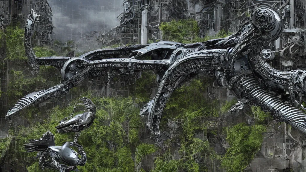 Image similar to organic mechanical metal osprey aircraft, giger influenced with ornate intricate details, landed on futuristic brutalist concrete heliport, ornate buildings covered with green moss, vines and blue foliage, with cyborg female soldiers in the foreground wearing stealth transparent clothing, daytime, wet floor on streets, matte painting, unreal engine, cinematic camera, bloom, mirrors edge