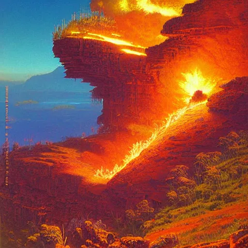 Prompt: a wide - angle beautiful painting of firefall over a high cliff. by bruce pennington, dan mumford.