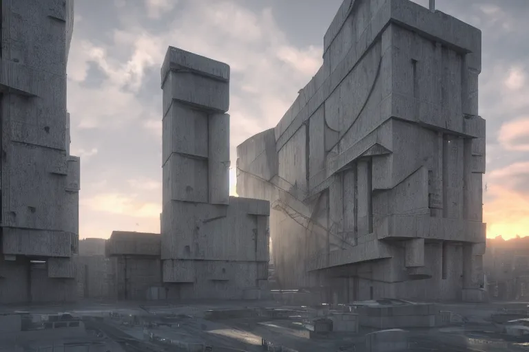 Image similar to extremely detailed cathedral of brutalist architecture, stunning volumetric light, sunset, metal, concrete and translucent material, stunning skies, trending on Artstation, 8k, photorealistic, hyper detailed, unreal engine 5, IMAX quality, cinematic, epic lighting, in the style of Greg Rutkowski