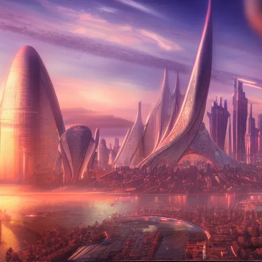 Image similar to bio-futurism, utopian city,differential growth,city panorama,beautiful sunset,panoramic,boris vallejo,luis royo,michael whelan,photorealistic,unreal engine 5,octane render,detailed