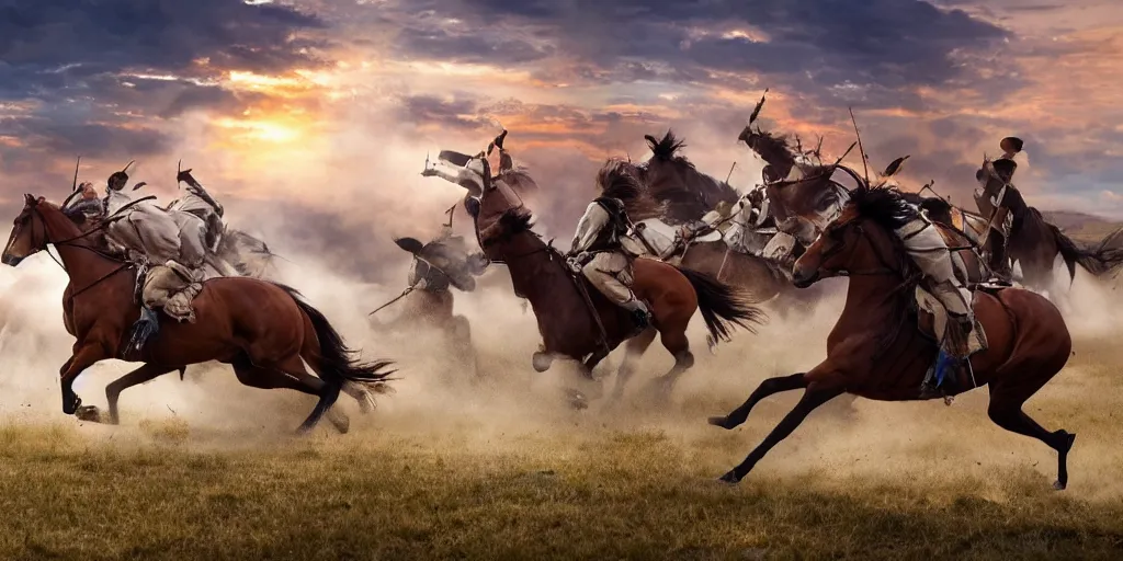 Prompt: promotional movie still of an action shot from the battle of little bighorn, majestic horses, desperate action, dramatic natural light, hdr, cinematic, extremely high detail, photorealistic, cinematic lighting, 4 k, 8 k, imax 7 0 mm, iso 4 0 0, hq
