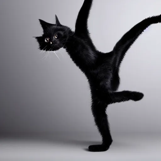 Image similar to a photorealistic cute black cat dancing vogue dance