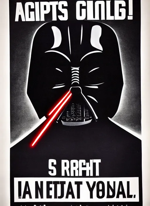 Image similar to a propaganda poster depicting a cat looking like darth vader