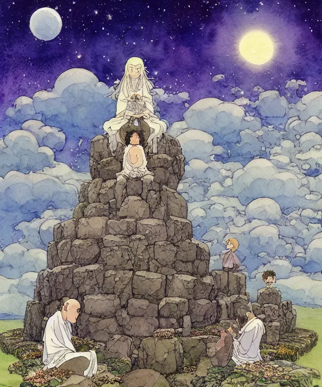 Prompt: a hyperrealist studio ghibli watercolor fantasy concept art of a giant long haired grey witch in lotus position sitting on top of stonehenge with a starry sky in the background. a group of tiny monks are praying them themselves. by rebecca guay, michael kaluta, charles vess