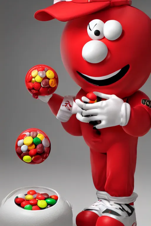 Image similar to a single red m & m candy with white arms and legs, a red sphere wearing a white baseball cap, eminem as the red m character standing on a floor covered with m & m candies, m & m candy dispenser!!!, m & m plush, unreal engine, studio lighting, unreal engine, volumetric lighting, artstation, cosplay, by hans bellmer