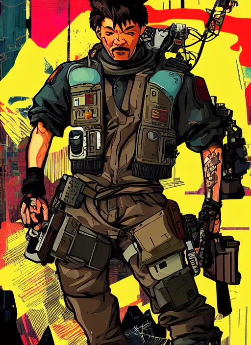 Prompt: hector tanaka. cyberpunk mercenary with scenic background. portrait illustration, pop art, art by ashley wood, alphonse mucha, laurie greasley and josan gonzalez. cinematic. dynamic lighting. realistic proportions. creative design. cell shading