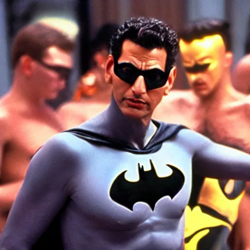 Image similar to jeff goldblum wearing batman underoos