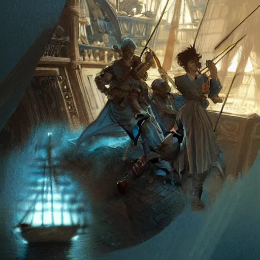 Image similar to D&D fantasy combat fighting blue ghosts on a ship lower deck, intricate, elegant, highly detailed, D&D, digital painting, artstation, concept art, matte painting, sharp focus, illustration, glowing light and shadow, atmospheric, shadowy, cinematic, in the style of Greg Rutkowski and artemisia gentileschi and Alphonse Mucha