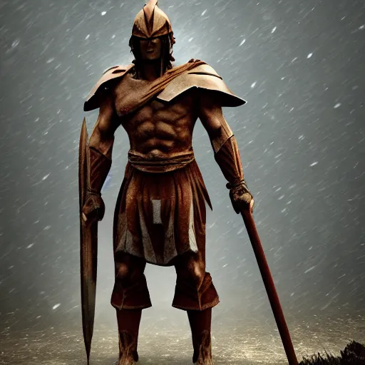 Image similar to one spartan standing in the rain and 100 spears are flying into his direction, award winning, trending on artstation, unreal engine