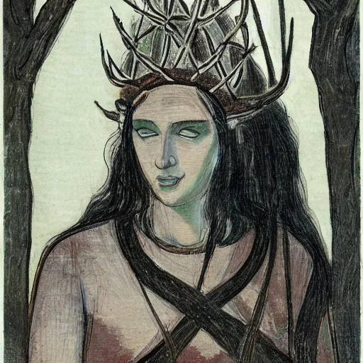 Prompt: priestess wearing a crown of twisting branches