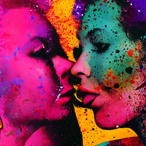 Image similar to double exposure of two women kissing ( closeup ) and a bizarre painting, lomography. this photograph is subsequently printed out and splattered with paint. mixed media collage art with magazines and found art