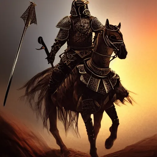 Image similar to the king in the desert, Medieval Warrior fighting in a dark scene, detailed scene, Armour and Crown, highly detailed, blood and dust in the air, action scene, cinematic lighting, dramatic lighting, trending on artstation, elegant, intricate, character design, motion and action and tragedy, fantasy, D&D, highly detailed, digital painting, concept art
