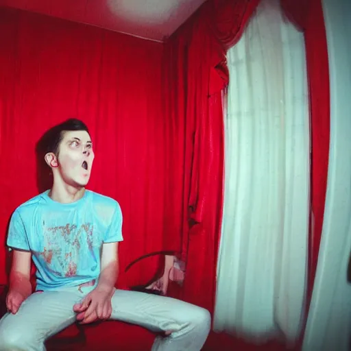 Image similar to music makes a young man suffer in a red room with water on the ceiling