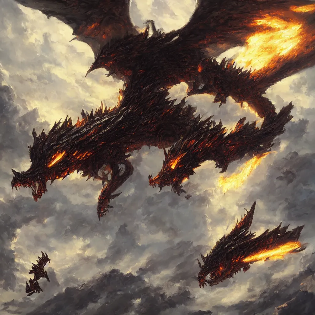 Image similar to oil painting of deathwing dragon flying down on earth by greg rutkowski