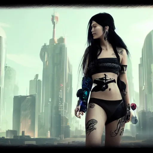 Image similar to a woman with long black hair and a tattoo on her arm, cyberpunk art by du jin, cgsociety, retrofuturism, movie still, playstation 5 screenshot, futuristic