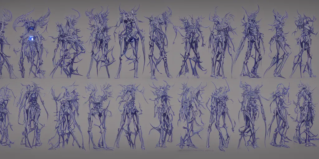 Prompt: Skeleton dark blue flame demon character design sheet, Moebius, Greg Rutkowski, Zabrocki, Karlkka, Jayison Devadas, Phuoc Quan, trending on Artstation, 8K, ultra wide angle, zenith view, pincushion lens effect.