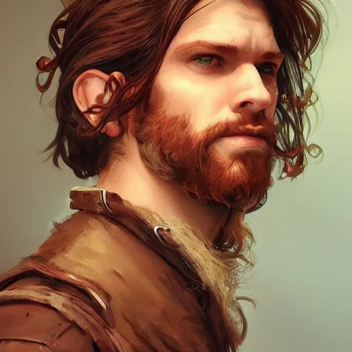 Image similar to portrait of a young ruggedly handsome but joyus pirate, male, masculine, upper body, red hair, very long hair, d & d, fantasy, intricate, elegant, highly detailed, digital painting, artstation, concept art, matte, sharp focus, illustration, art by artgerm and greg rutkowski and alphonse mucha