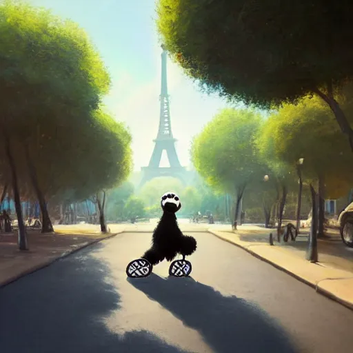 Image similar to a wholesome animation key shot of a black bernedoodle puppy riding a bike in paris, studio ghibli, pixar and disney painting, sharp, rendered in unreal engine 5, key art by greg rutkowski, bloom, dramatic lighting