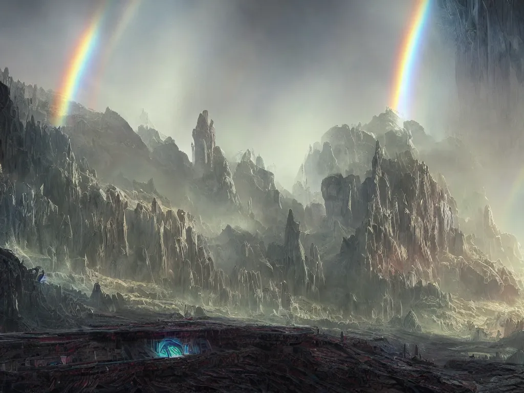 Image similar to giant crystal palace complex on an alien planet, rainbows, vivid color, highly detailed, intricate, by Raphael Lacoste, Eddie Mendoza, Alex Ross, Pilar Gogar, matte painting, 8K HDR