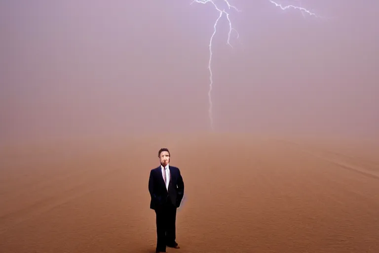 Prompt: a cinematic portrait photograph of a man dressed in a business suit in a desert, dust storm, thunder and lightning, lee madgwick and zack snyder, 8 k, hd, high resolution, 3 5 mm, f / 3 2, tenet