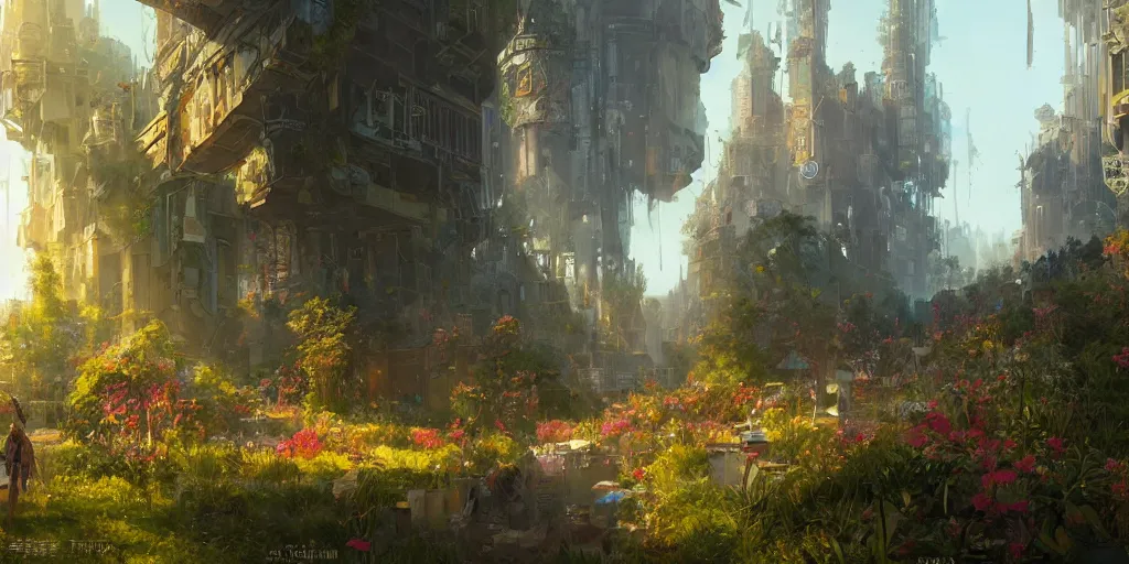 Prompt: a fantasy solarpunk 2 0 2 2 city, illustration by greg rutkowski, bright sunlight, sun glints, vivid and colorful trees and plants and flowers, digital art, 8 k, trending on artstation