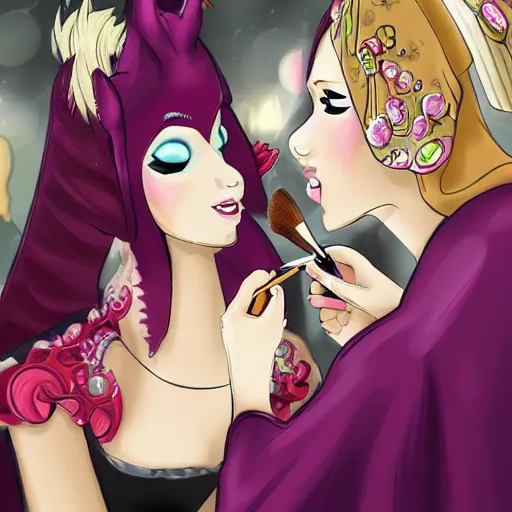 Prompt: cute dragons putting makeup on eachothers