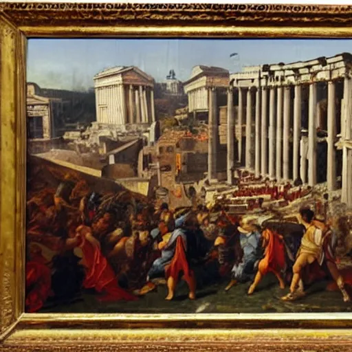 Image similar to the fall of rome, oil in canvas