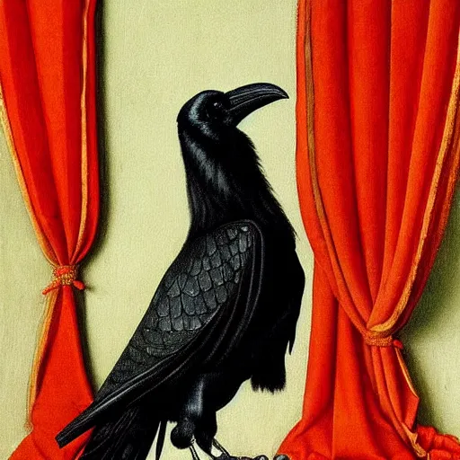 Image similar to a highly detailed painting of a raven, dressed in elegant tudor clothes, inside a room with thick red tapestries, by hans holbein