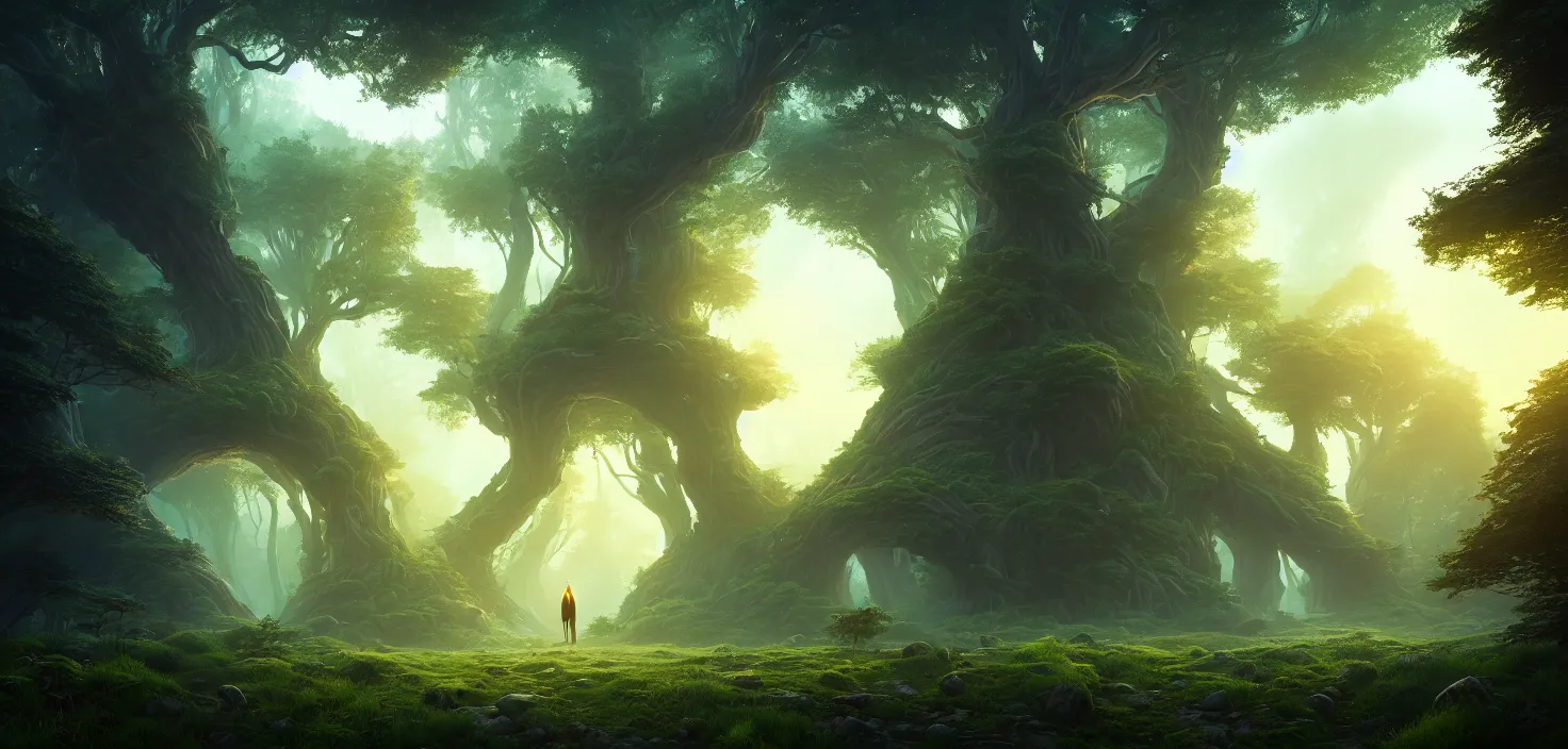 Image similar to random mystic forest giant house landscape, big glowing magic giant portal, huge central symmetrical composition, incredible, vector art, octane render, fabulous, hyper detailed, random cinematic view, no noise, global illumination, warm lighting, volumetric, godrays, vivid, beautiful, by jordan grimmer